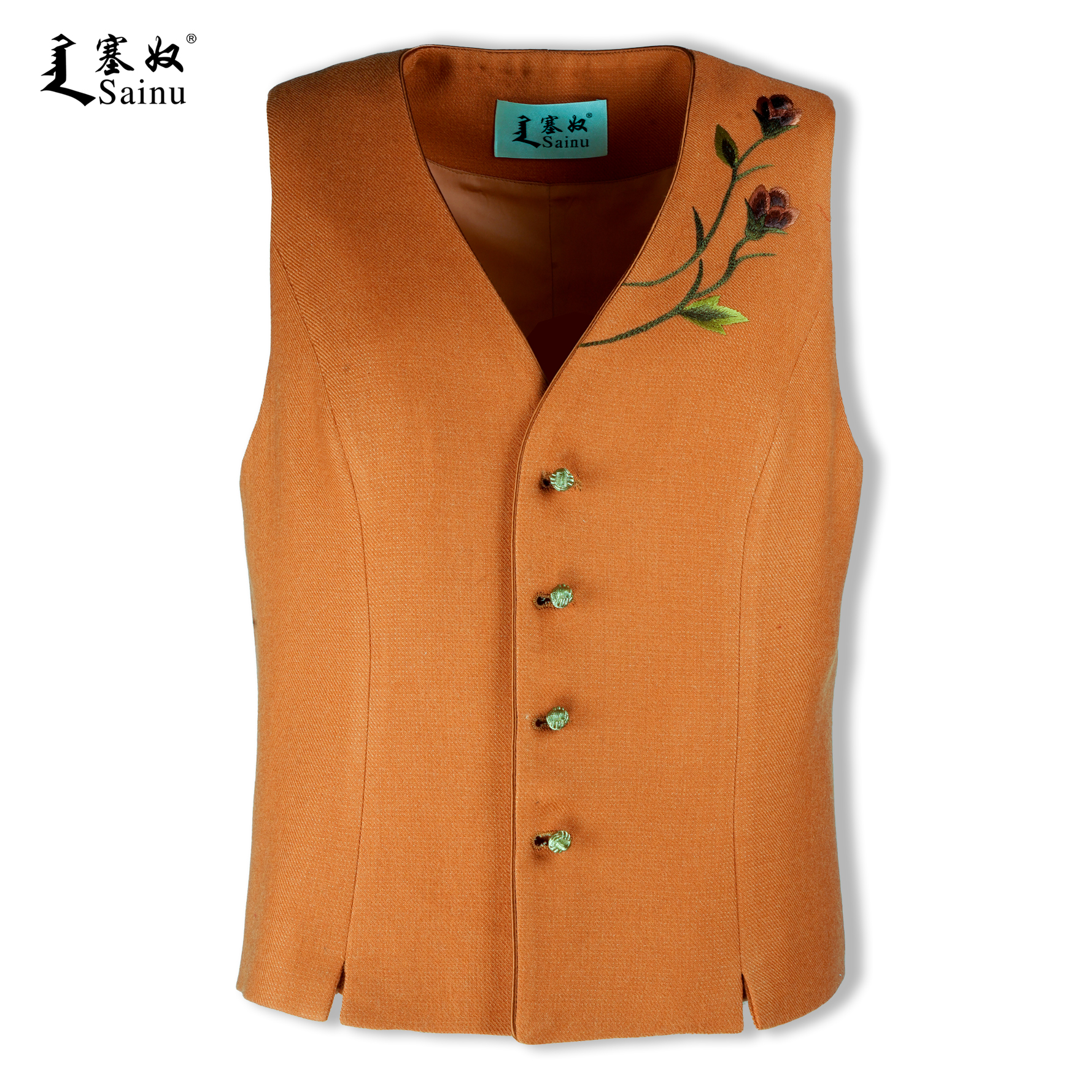 塞奴女士秋冬橘黄色百搭复古羊毛保暖马夹中式时尚休闲中老年马甲