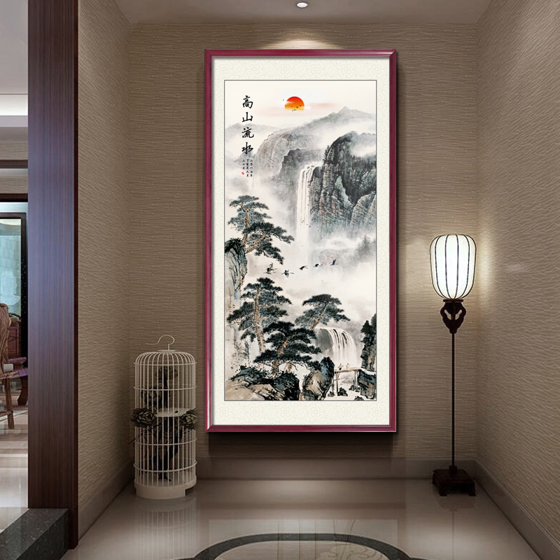 【竖版画】中式玄关装饰画竖版实木框走廊画过道背景墙挂画