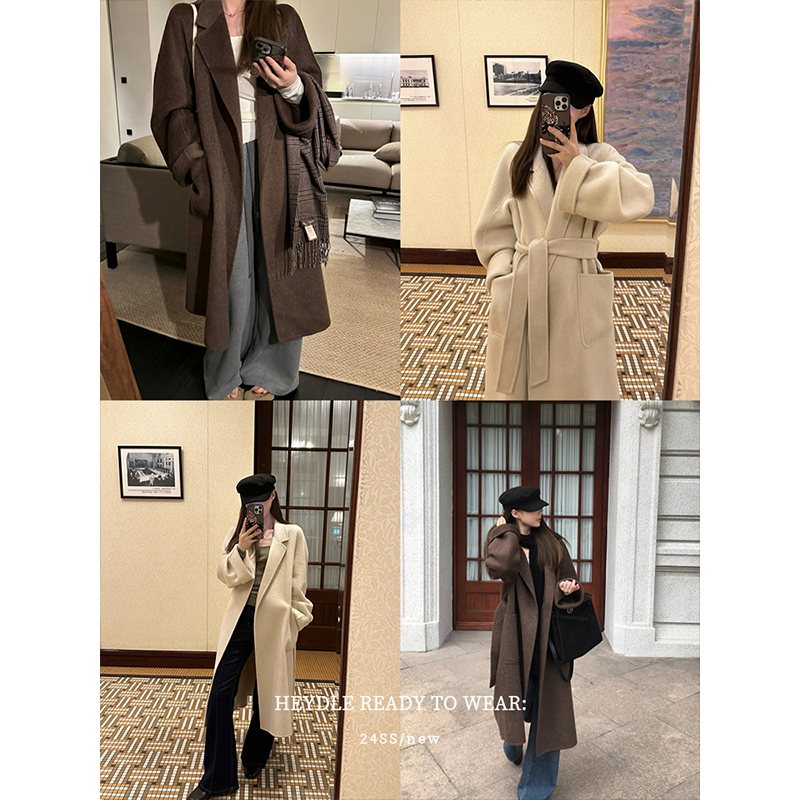 黑豆哼哼 柏林傍晚*绵羊毛双面呢大衣女秋冬季中长款系带毛呢外套