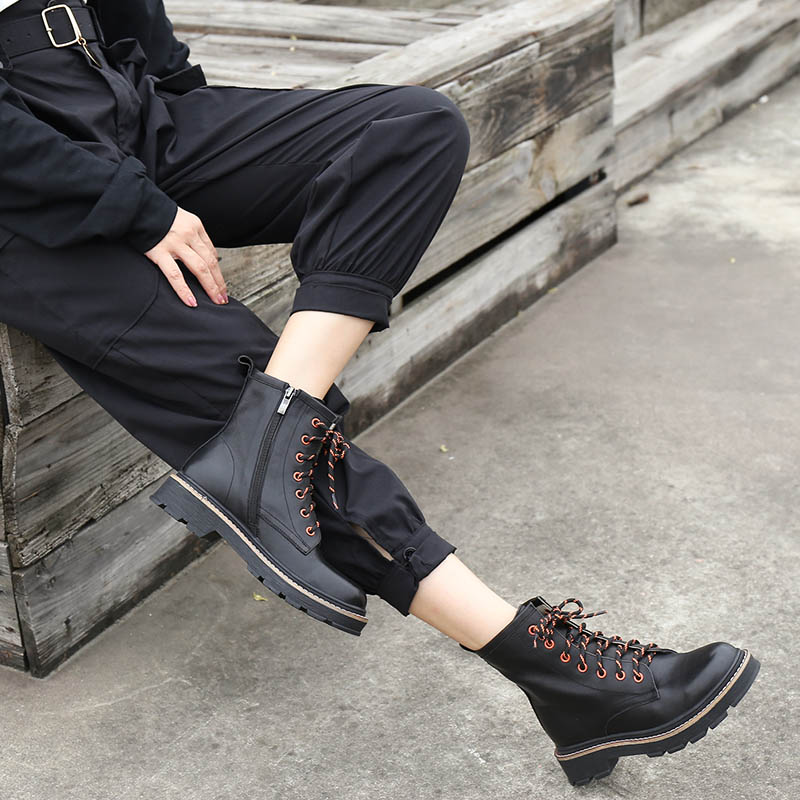 【双11破价款】真皮马丁靴女新款粗跟中筒皮靴女侧拉链英伦风靴子