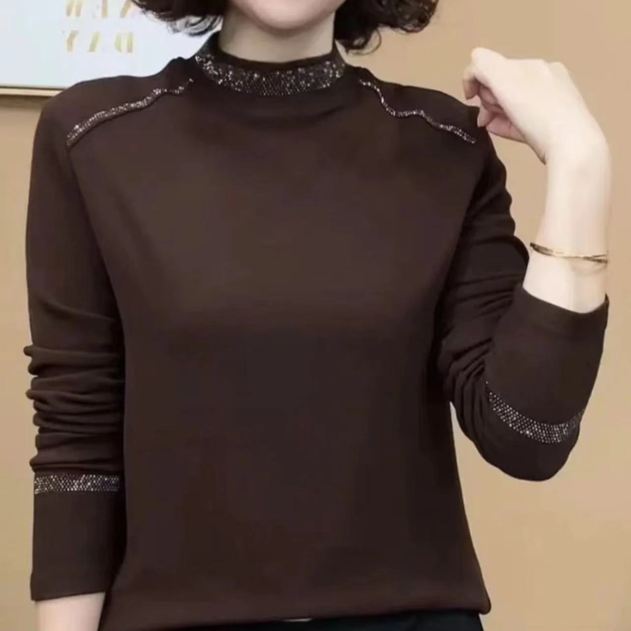 2025新款秋冬加绒半高领洋气百搭烫钻气质显瘦休闲打底衫女士上衣