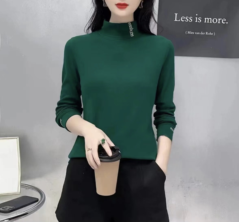 2025新款刺绣半高领洋气时尚百搭保暖显瘦内搭女士打底衫