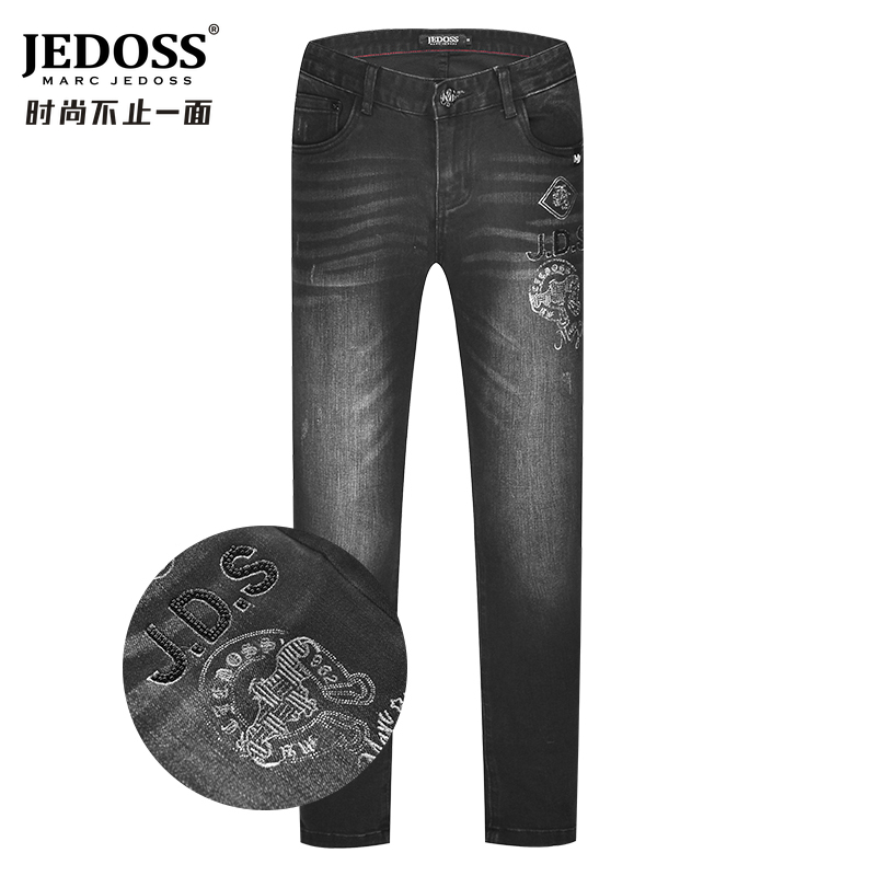 JEDOSS/爵迪斯男装秋冬新款束脚章仔刺绣黑色牛仔裤长裤125SX