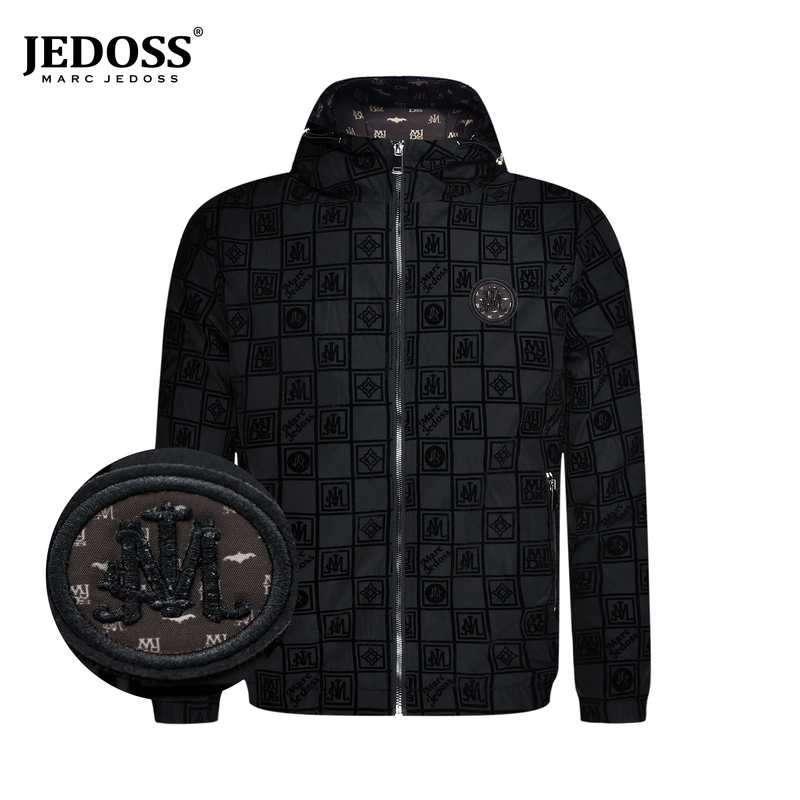 JEDOSS/爵迪斯上衣时尚男士外套秋冬植绒压花刺绣章仔连帽夹克