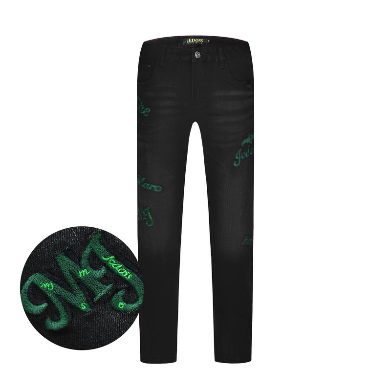 JEDOSS/爵迪斯裤子男款秋冬款潮牌LOGO刺绣直筒黑色牛仔裤20SX