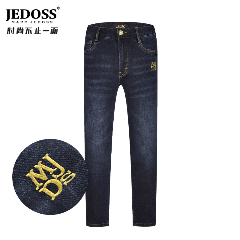 JEDOSS/爵迪斯简约百搭休闲修身刺绣男士春秋牛仔裤通用中腰直筒