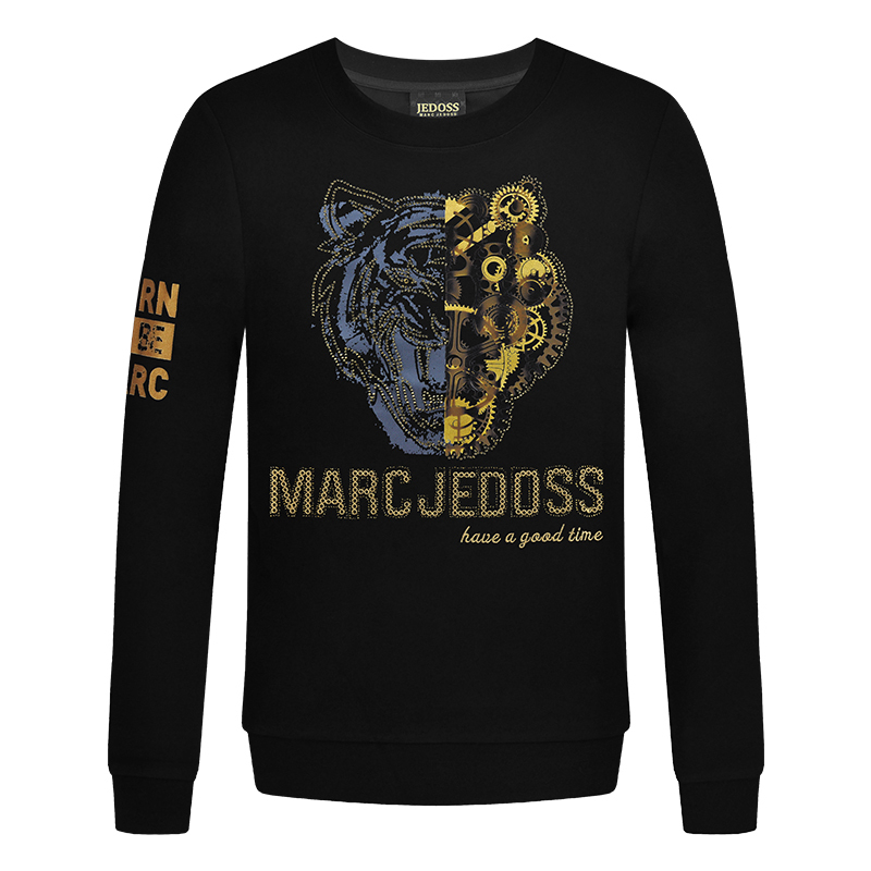 JEDOSS/爵迪斯男装秋上新上衣时尚齿轮拼接烫金虎头无帽圆领卫衣