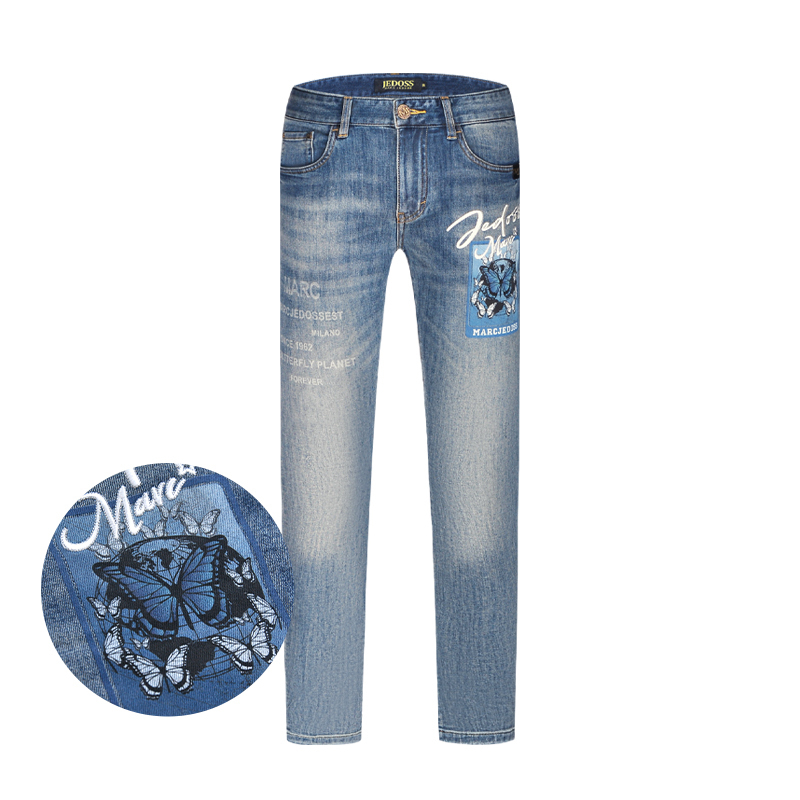 JEDOSS/爵迪斯男装夏季专柜新款字母刺绣蝴蝶印花牛仔裤YL101