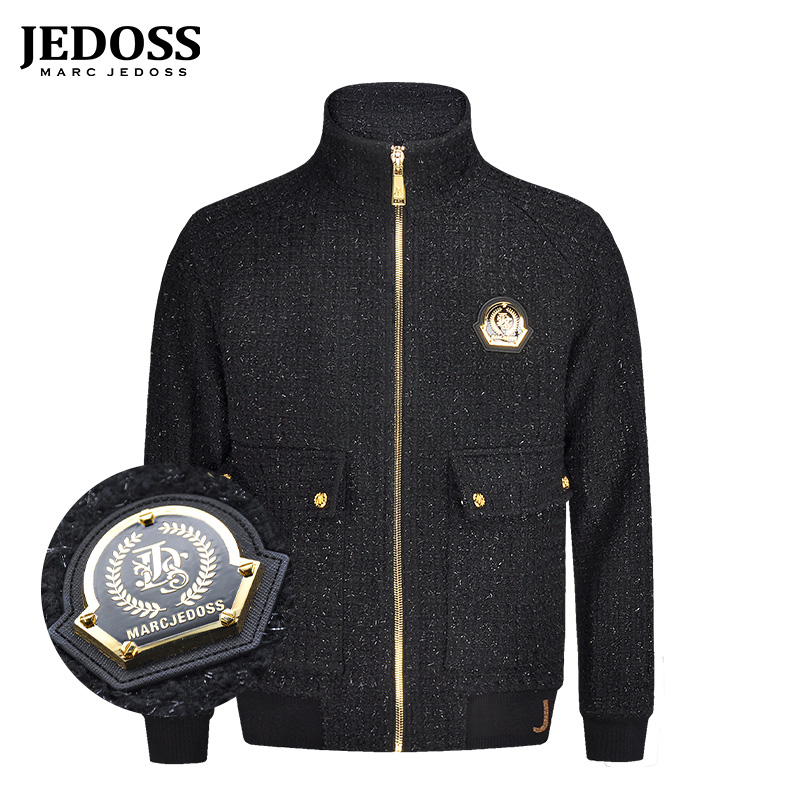 JEDOSS/爵迪斯男装秋冬专柜绵羊毛混纺加厚针织夹克外套黑色CY272