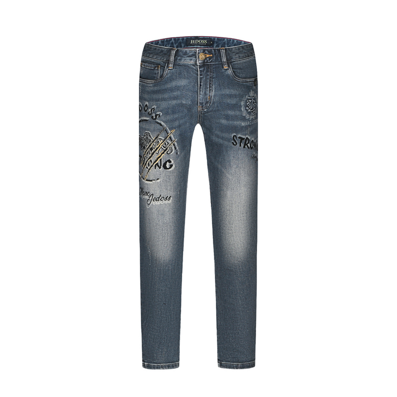 JEDOSS/爵迪斯品牌男款LOGO烫钻植绒压花填充凸压修身直筒裤水洗