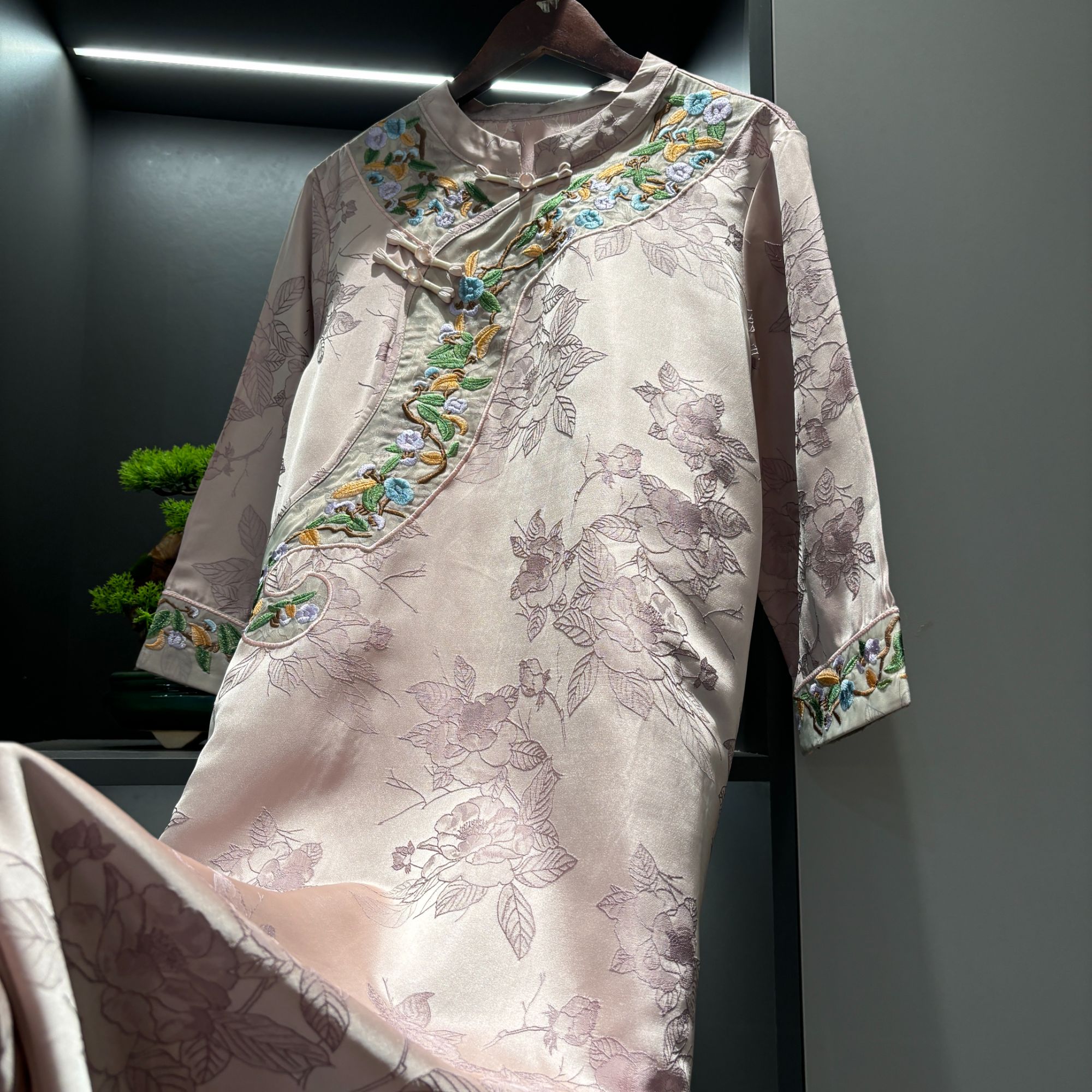 【山茶花】中式连衣裙复古斜襟盘扣绣花气质女装宽松连衣裙1091