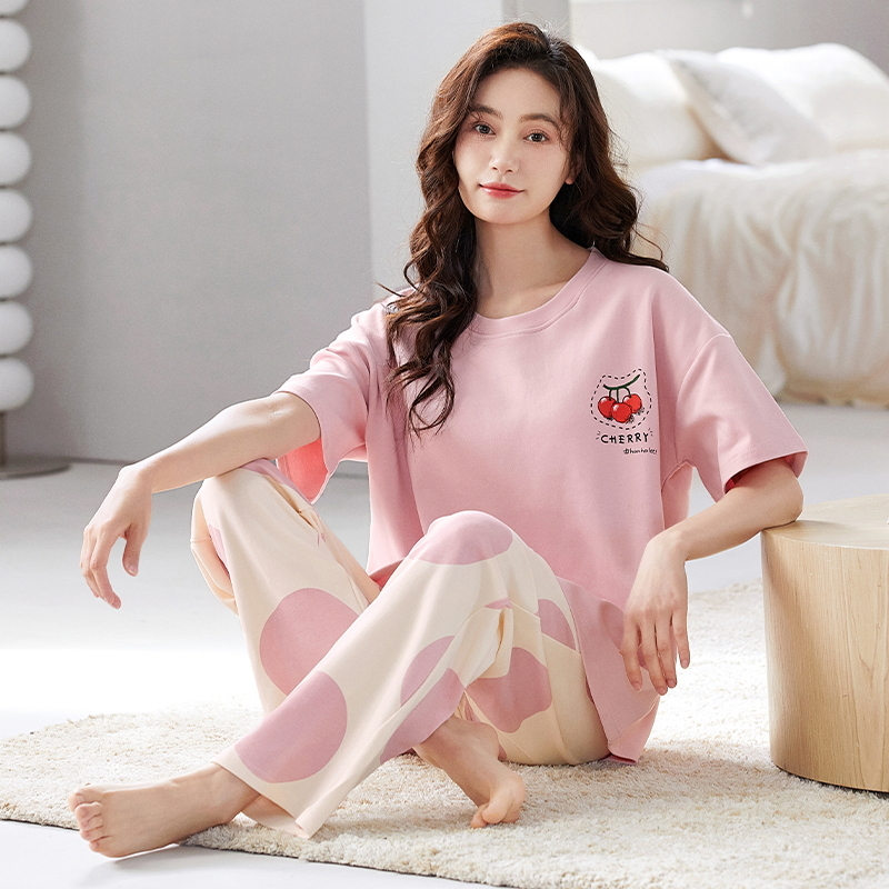 F223306 夏季带胸垫女士纯棉短袖长裤 樱桃粉色波点