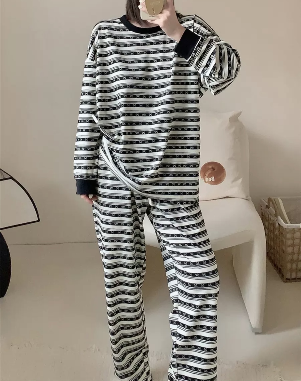 C208秋冬女士带胸垫睡衣双面棉长袖长裤 蝴蝶结韩版时尚睡衣套装