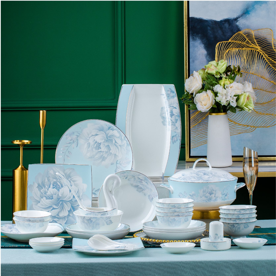 越绣堂 月光牡丹 景德镇骨瓷碗碟套装