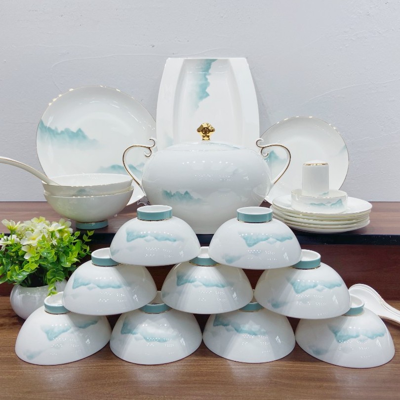 越绣堂 醉仙居 景德镇骨瓷餐具汤碗碟套装家用轻奢风防烫高档餐具
