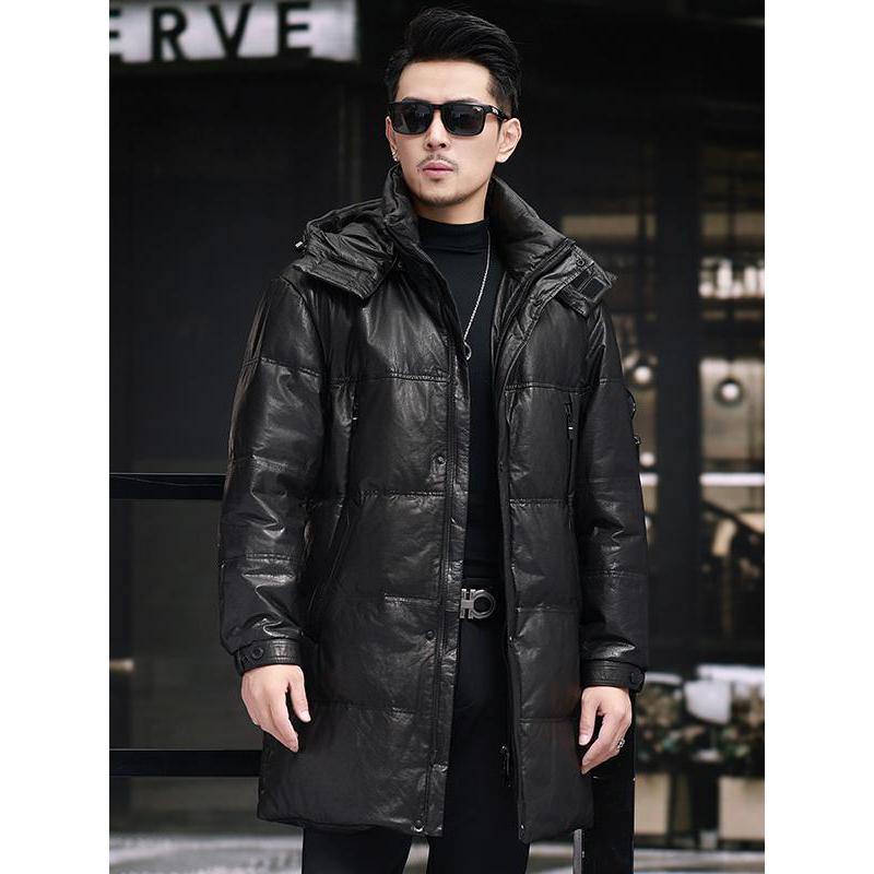 新款海宁真皮皮衣男装连帽油蜡牛皮羽绒服外套长款风衣高级感