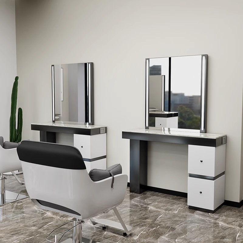 网红理发店带灯双面镜子美发店烫染镜台发廊专用不锈钢带柜美发镜