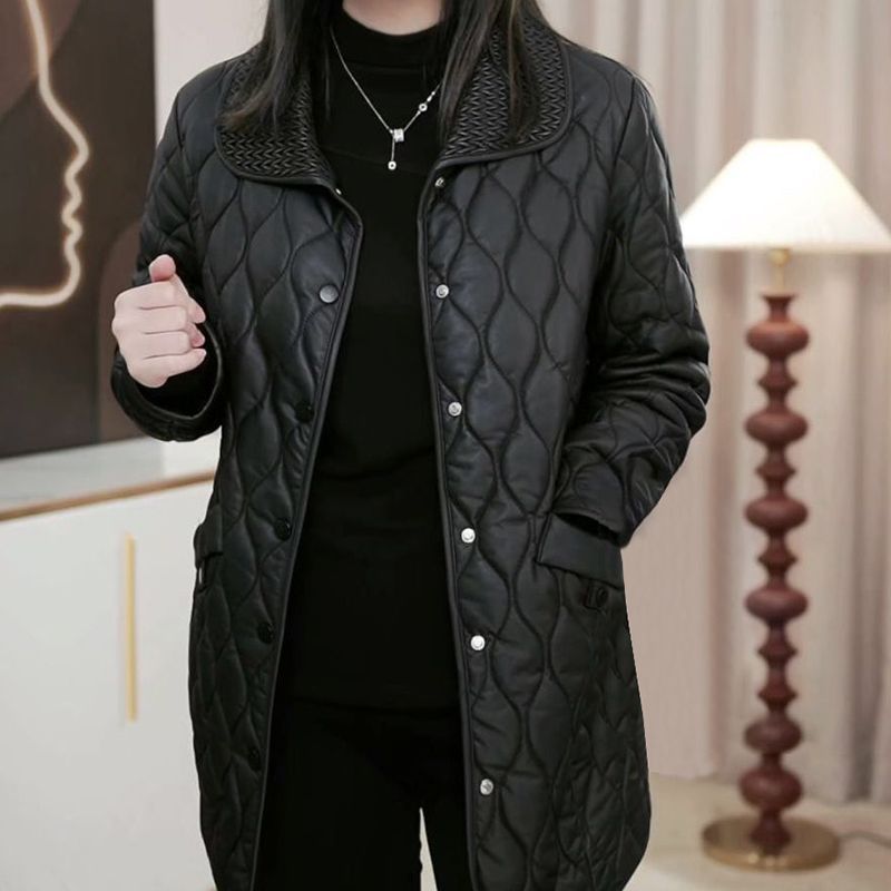 不裂皮免洗百搭棉服中长款皮衣大码女装秋冬新款宽松保暖棉袄外套