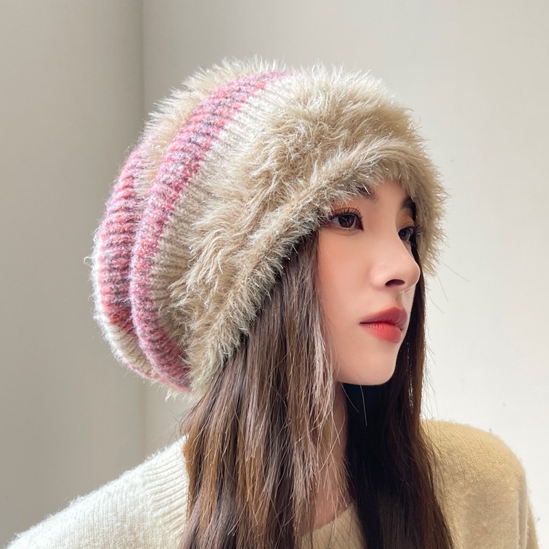 网红堆堆帽女秋冬显脸小包头帽冷帽大头围毛线帽子卷边针织月子帽