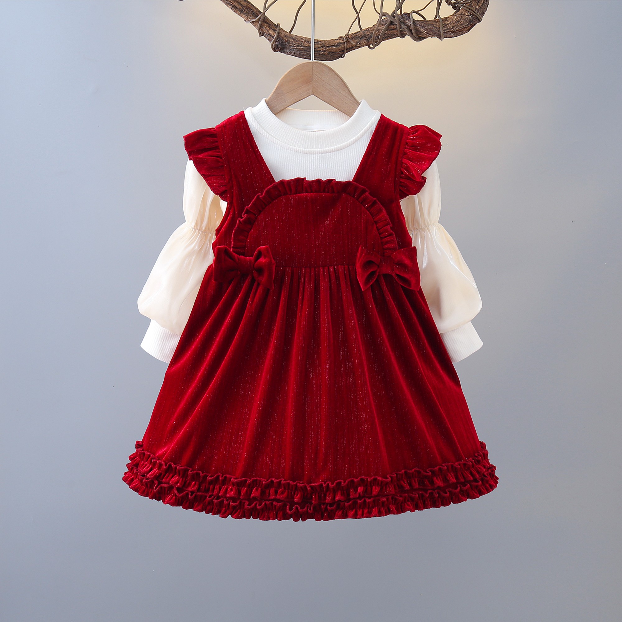L129款女童2024秋季新款洋气时尚中小童宝宝长袖红色连衣裙套装