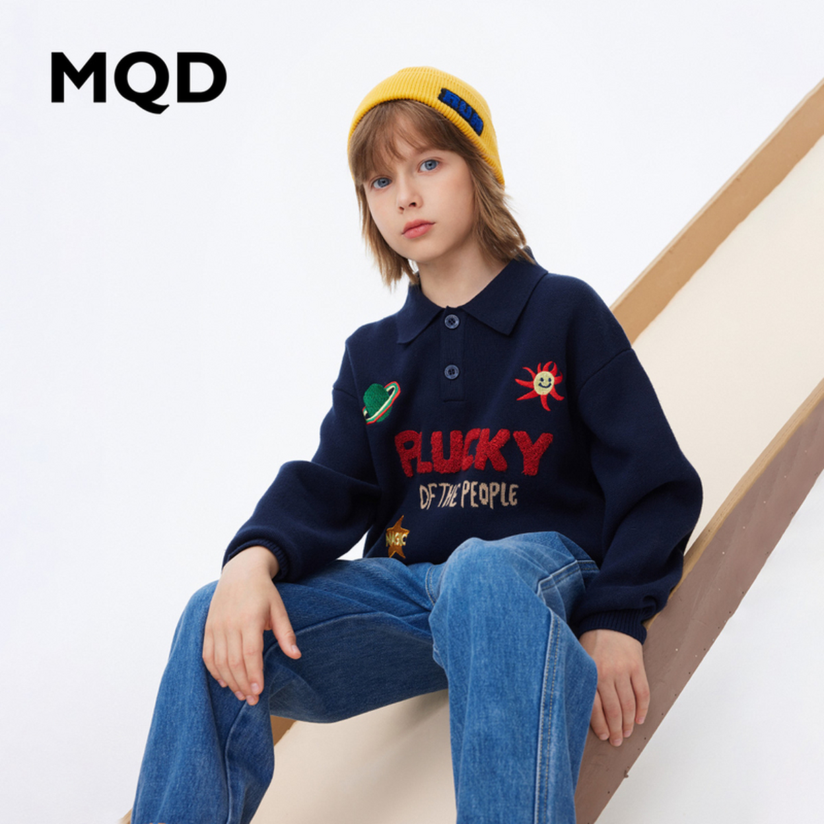 MQD童装学院风星球科幻毛衣新款字母毛巾绣立体图案上衣943320704