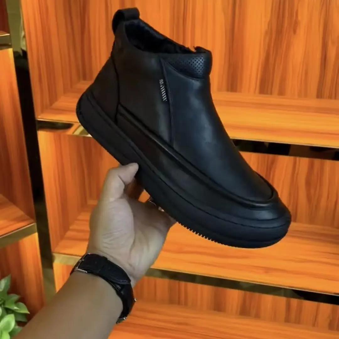 新款东北耐磨防滑羊绒加绒保暖牛皮厚底马丁靴男高帮黑色透气韩版