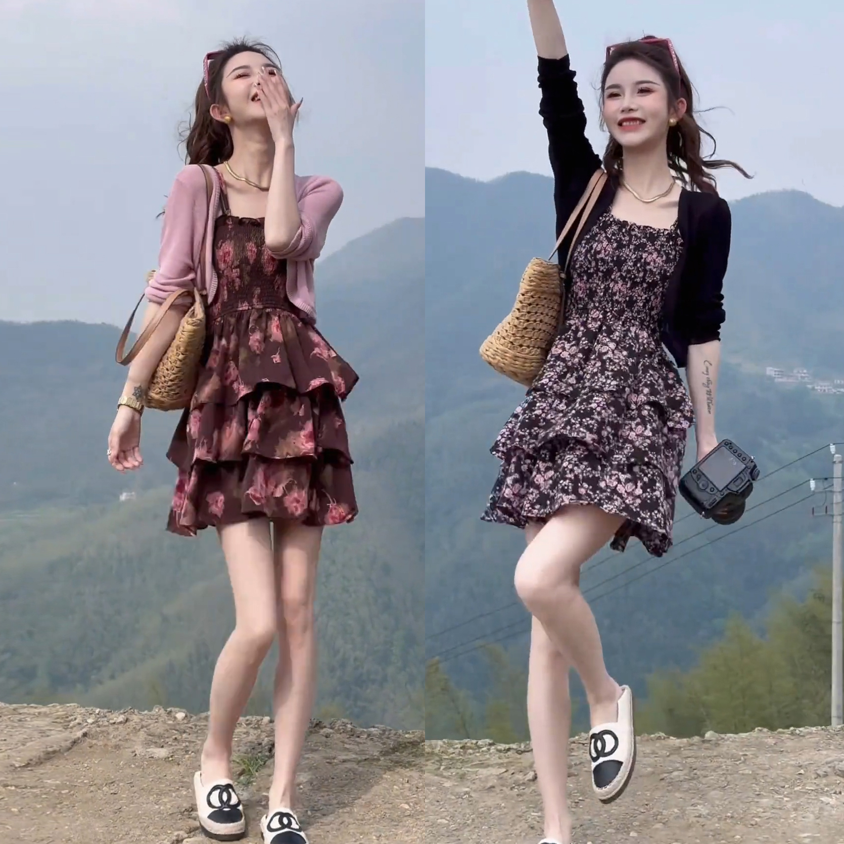 韩版 夏季新款甜美洋气显瘦短款多层碎花连衣裙针织开衫防晒套装