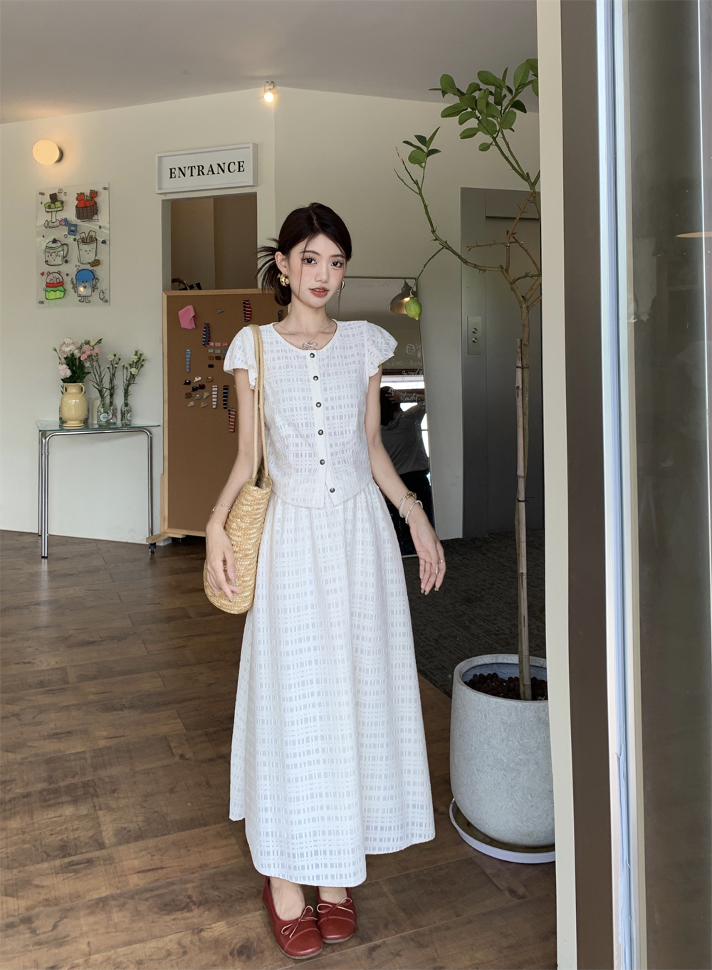 法式圆领双排扣短款显瘦小飞袖上衣+高腰显瘦A字半身裙两件套套装