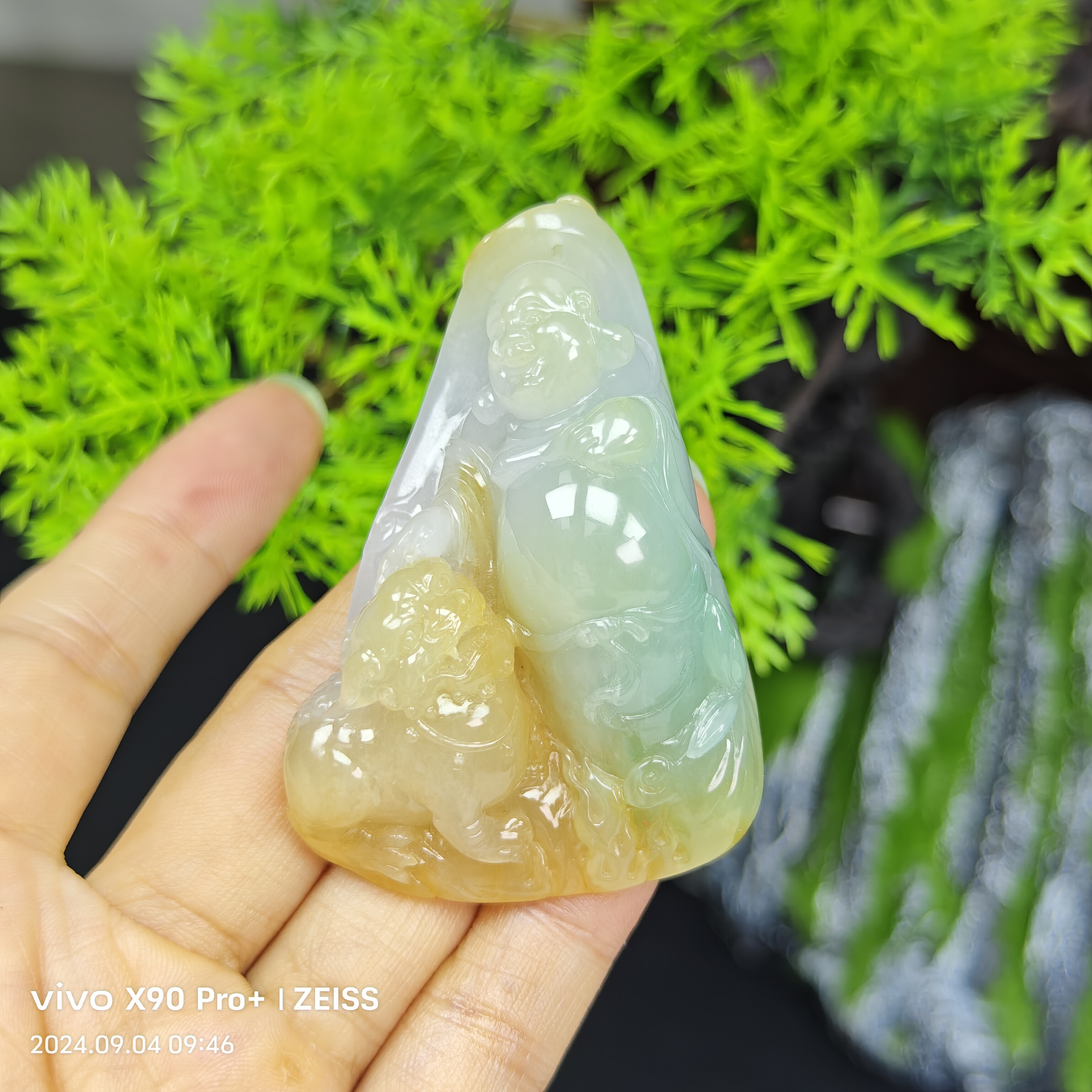 天然缅甸翡翠A货黄加绿逍遥佛吊坠吊坠尺寸62.1*42.7*19.7