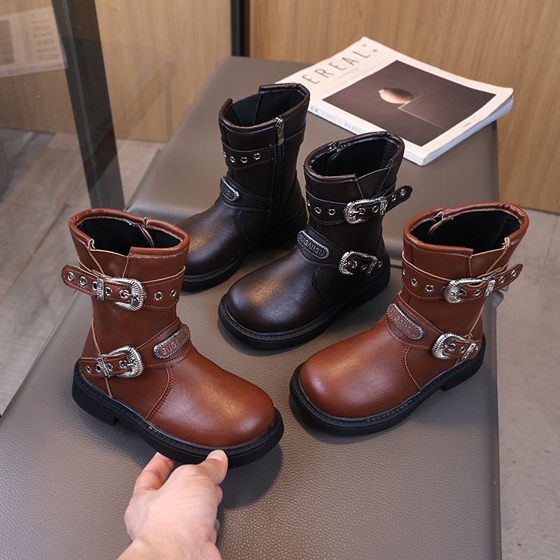 时尚女童甜酷百搭时装靴2024新款女孩时尚中筒靴儿童英伦风马丁靴
