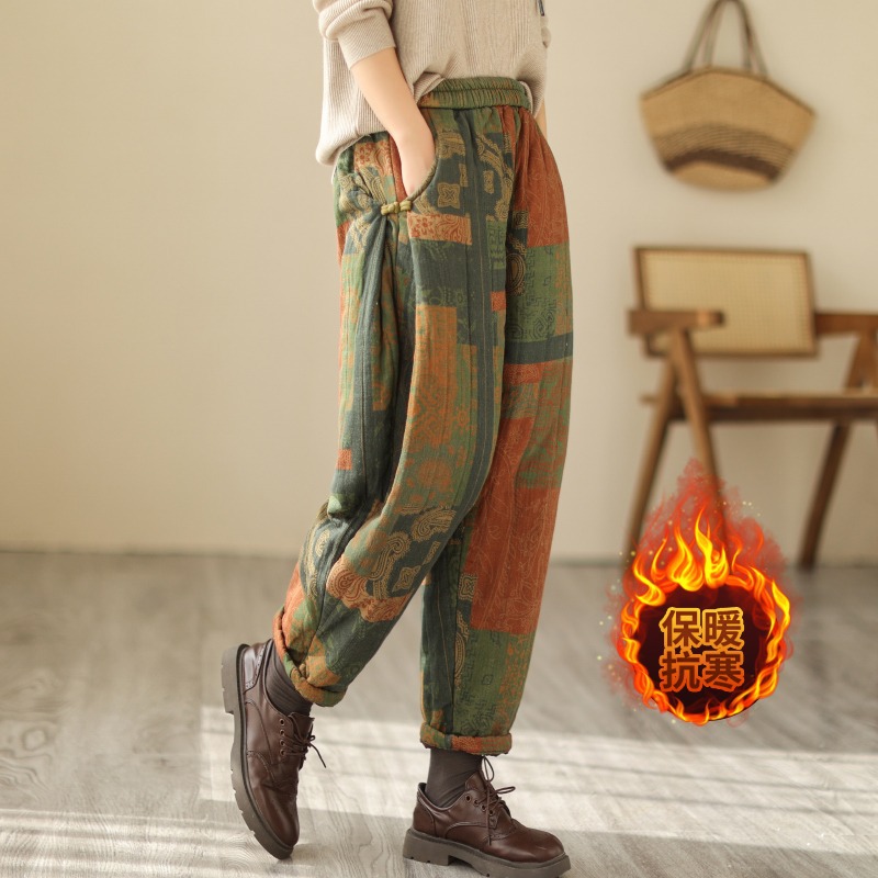 捡漏外穿加厚印花棉裤女秋冬宽松高腰显瘦复古盘扣夹棉哈伦裤