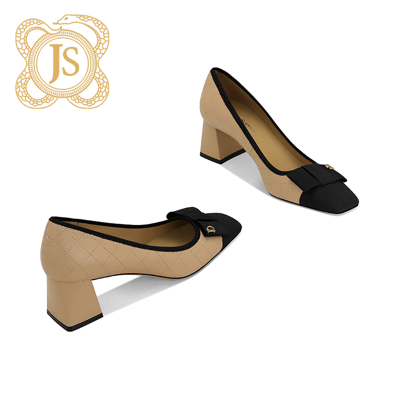 已开价，24Z61959 小香风女鞋秋季新款菱格蝴蝶结中粗跟浅口单鞋