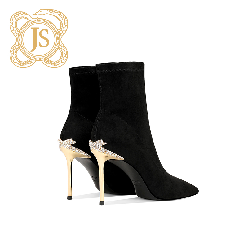 已开价，17Z6616D电镀金属超高跟靴显腿长性感尖头黑色弹力瘦瘦靴