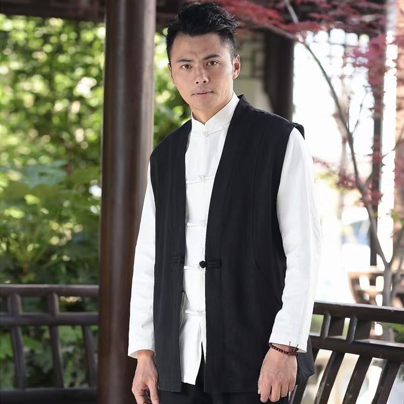 新款男士中国风休闲棉麻马甲宽松弹力背心立领复古中式唐装上衣