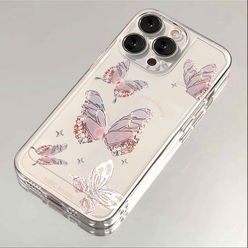 粉色发光蝴蝶苹果15手机壳14promax硅胶13pro透明12高级11全包XS
