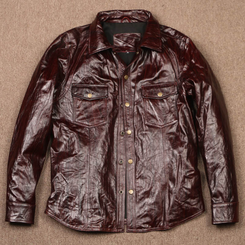 衬衣款 真皮皮衣男头层油蜡牛皮 复古水洗做皱翻领百搭皮夹克潮流