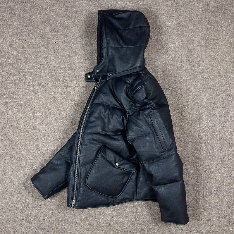 真皮羽绒服 头层小牛皮 短款男士修身保暖皮衣 脱卸连帽 面包服