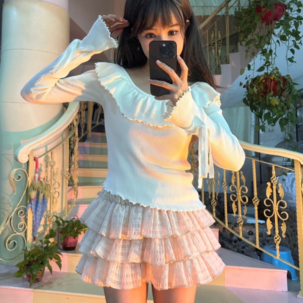 软糯显瘦长袖针织毛衣荷叶花边小众设计感芭蕾风复古不规则喇叭袖