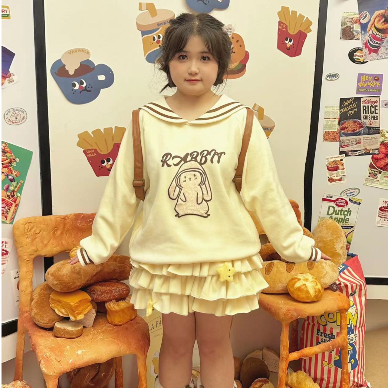 卫衣复古少女海军领显瘦宝宝绒兔兔加厚仿兔绒印花宽松微胖秋冬