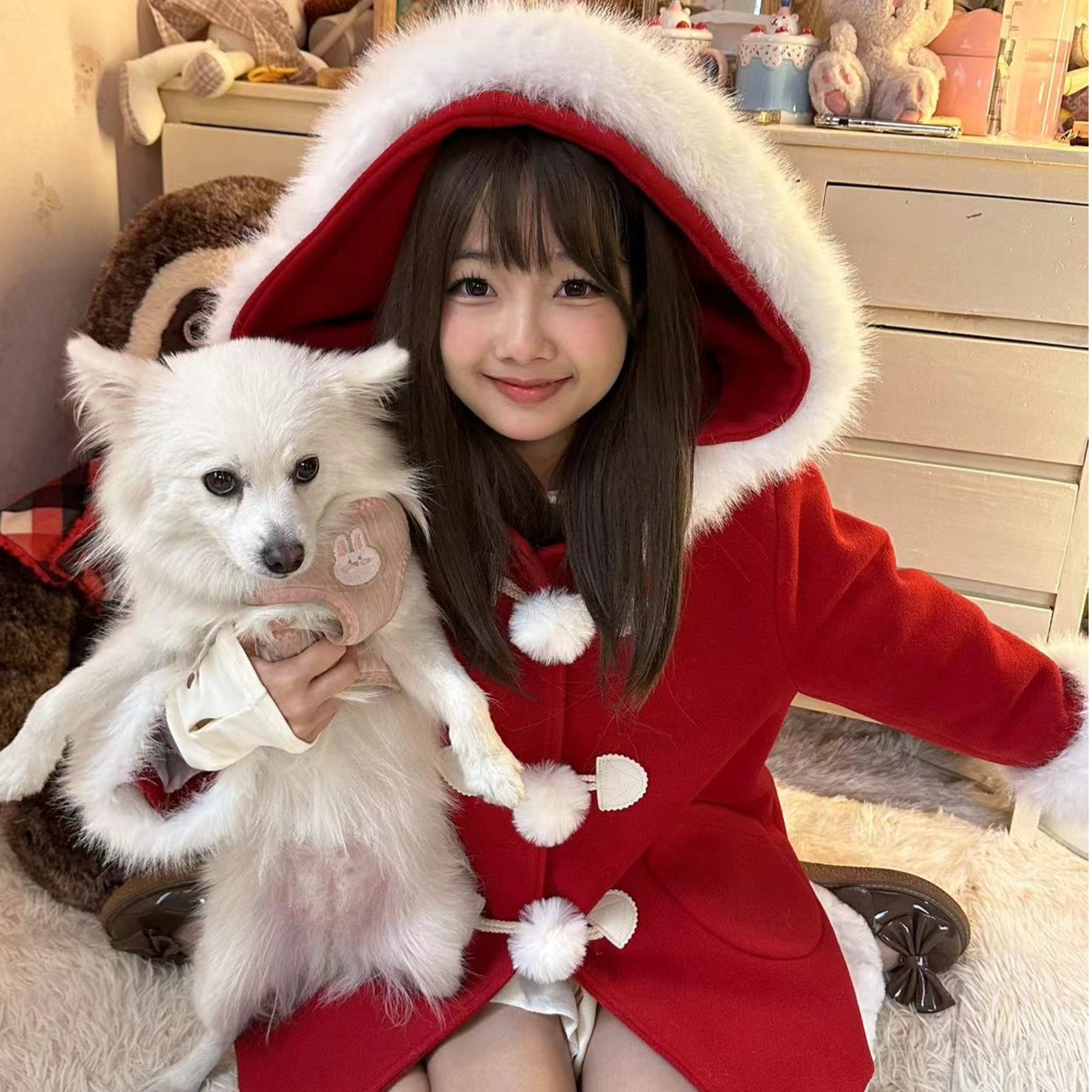 女巫来信反季毛呢大衣夹棉加厚正肩显瘦毛球毛领连帽可爱秋冬复古