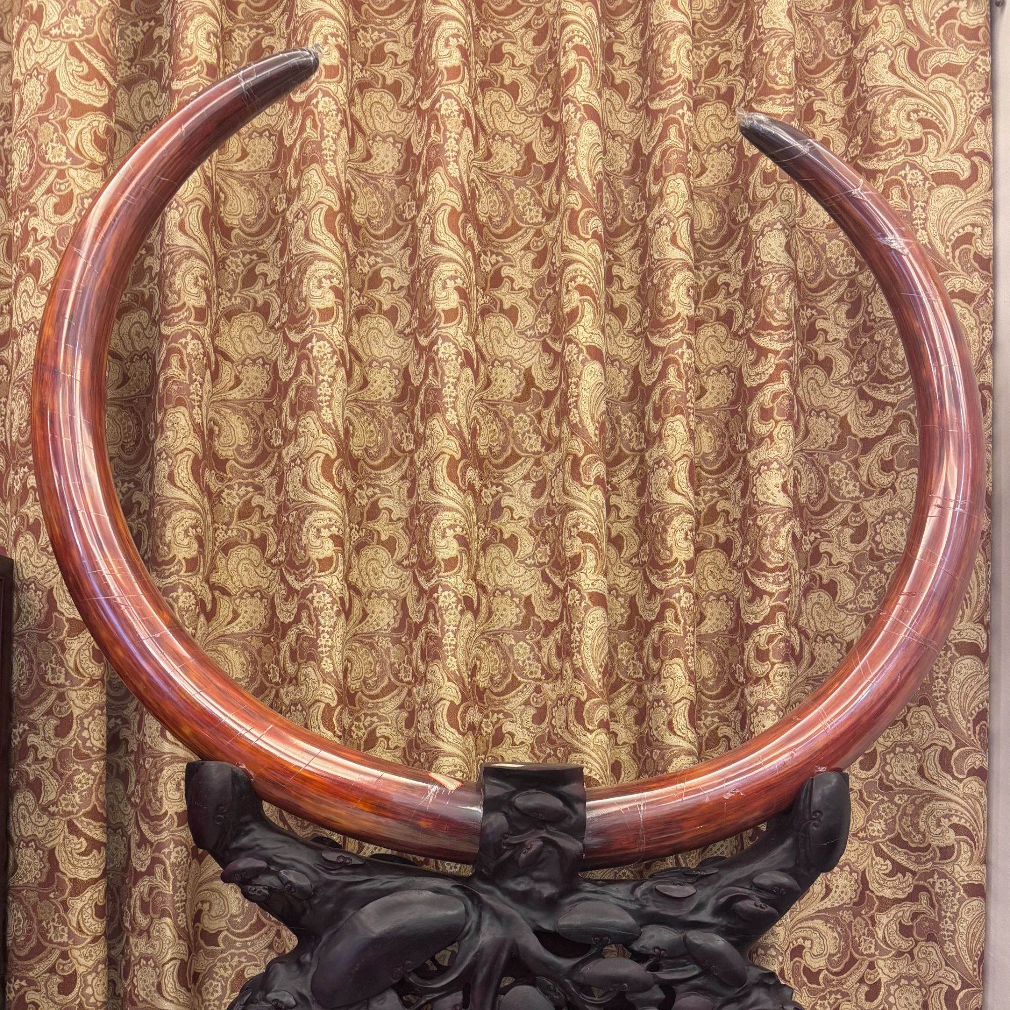 天然猛犸牙 红皮对牙摆件