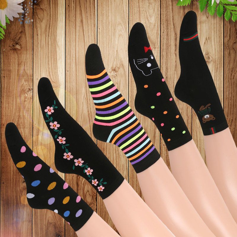 中老年秋冬季卡通袜子妈妈袜松口袜彩点袜彩条袜花袜中筒黑色袜子