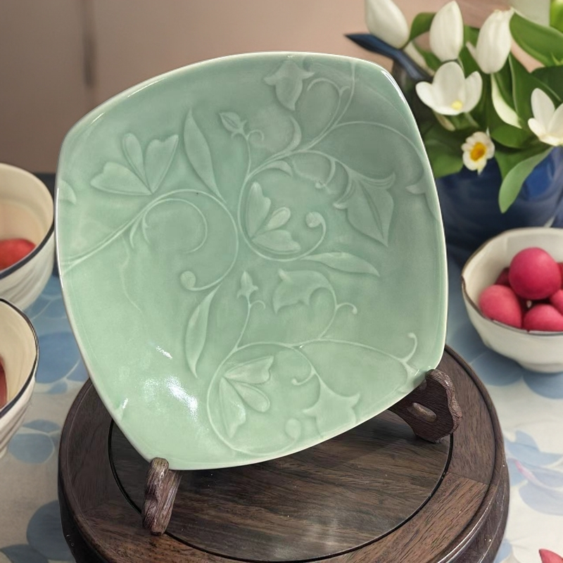 玉兰花纹8英寸方盘耀州窑高温瓷0铅0镉青瓷复古方天青釉玉兰盘