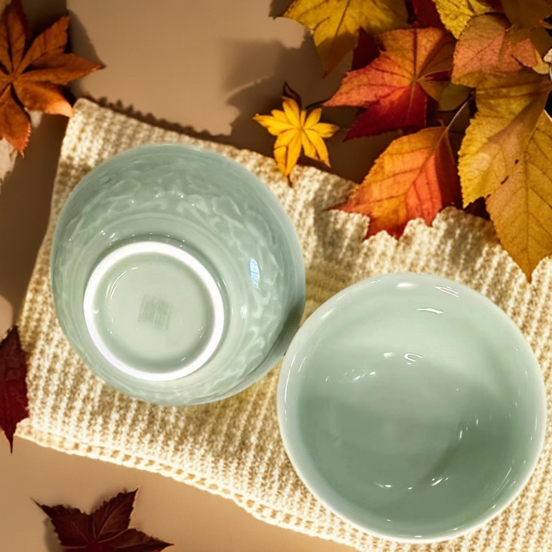 耀州窑4.7英寸浮雕牡丹碗0铅0镉原矿高温青瓷汤碗家用米饭碗陶瓷