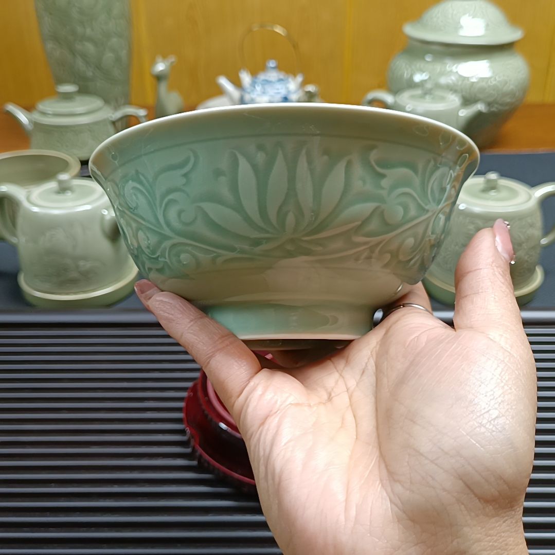 耀州窑青瓷莲花碗5.3寸2只