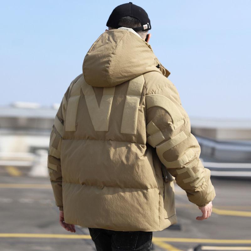 羽绒衣棉衣假两件羽绒服男短款连帽冬季保暖外套潮牌字母帅气面包