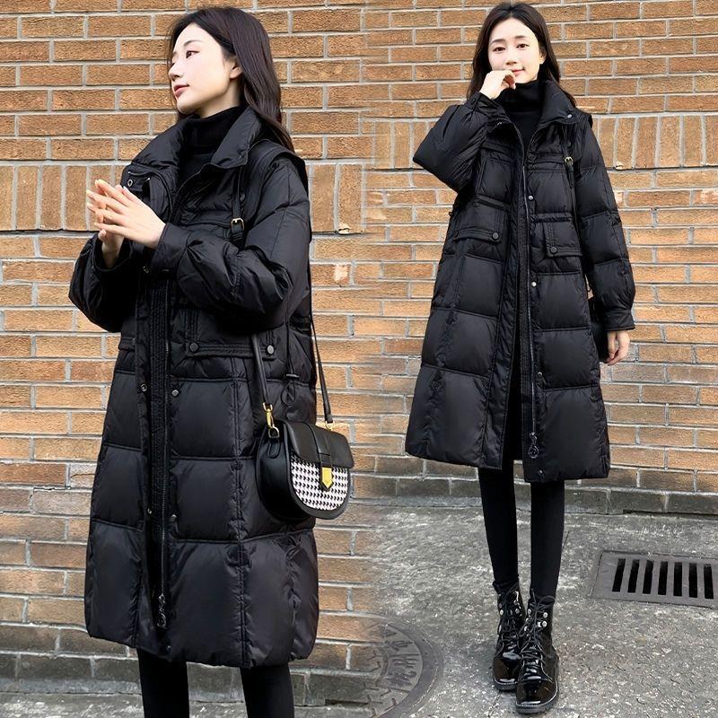 羽绒衣棉衣新款羽绒羽绒服女中长款修身收腰海军立领黑色棉衣百搭