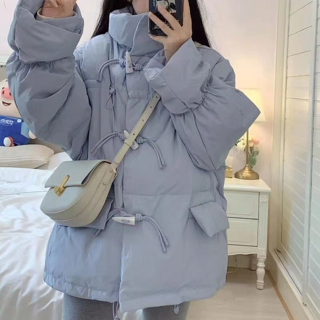 羽绒衣秋季日系学生女宽松韩版蓝色加厚保暖立领牛角扣面包棉服外