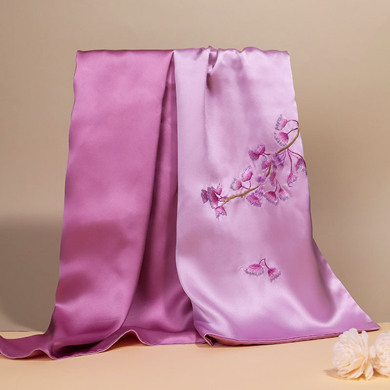 一涵紫菱花真丝丝巾妈妈礼物女士礼品送老外桑蚕丝围巾苏绣披肩
