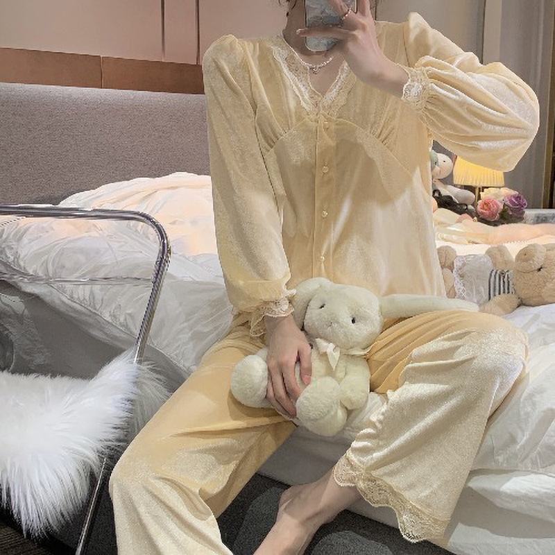 高级感宫廷风睡衣女长袖长裤秋冬季金丝绒外穿舒适家居服套装代发